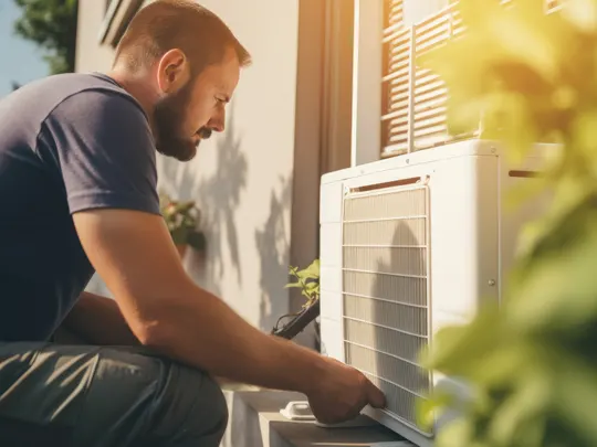 Techniker repariert eine Wärmepumpe in Aachen